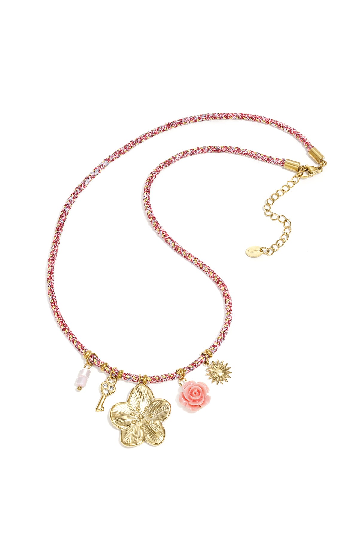 Collier en cordon coloré avec pendentifs roses de différentes couleurs