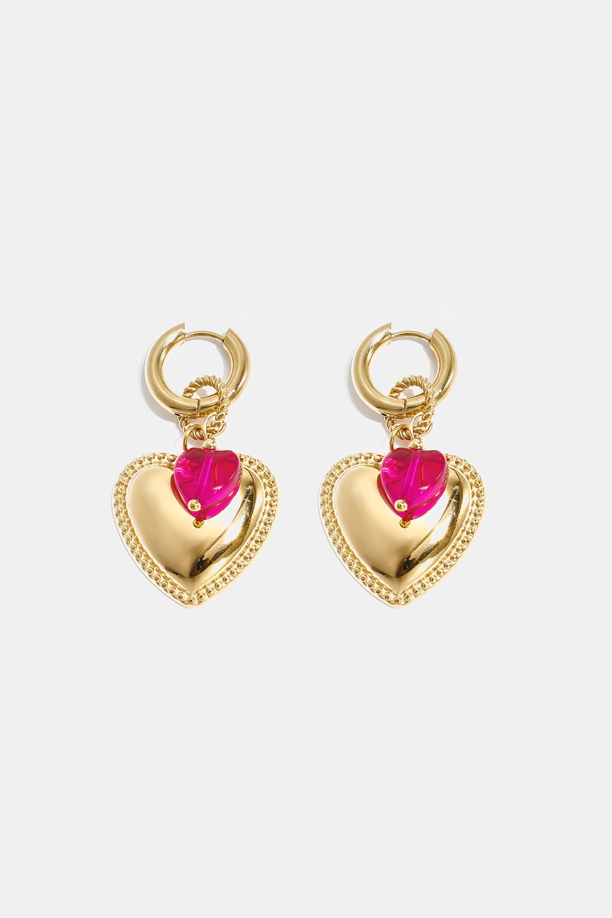 Boucles d'oreilles créoles avec pendentif cœur et perle sur bague