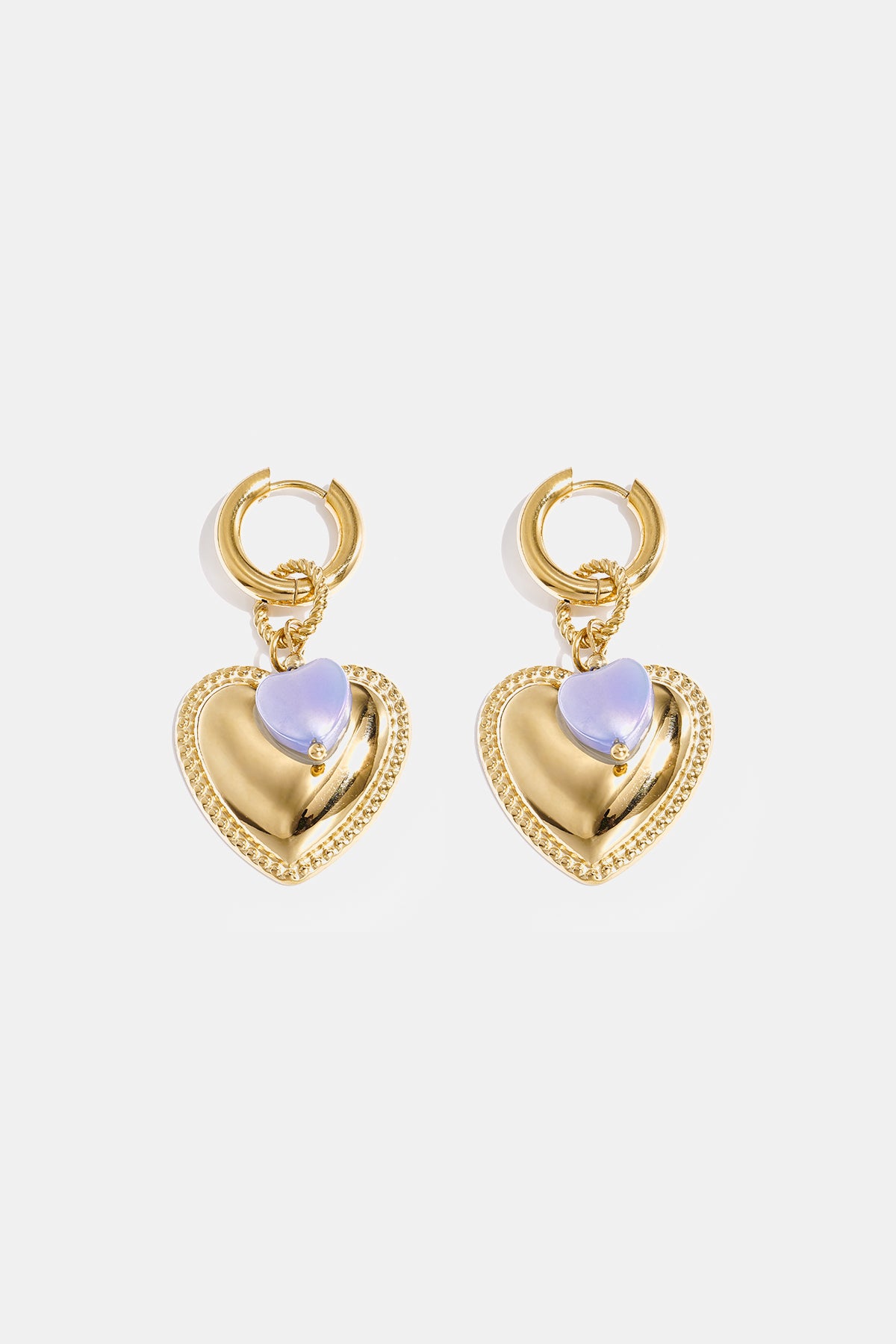 Boucles d'oreilles créoles avec pendentif cœur et perle sur bague