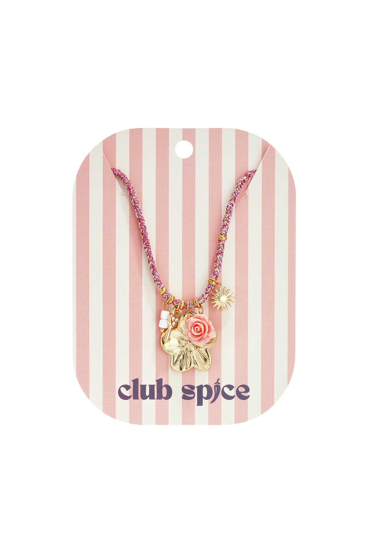 Collier en cordon coloré avec pendentifs roses de différentes couleurs